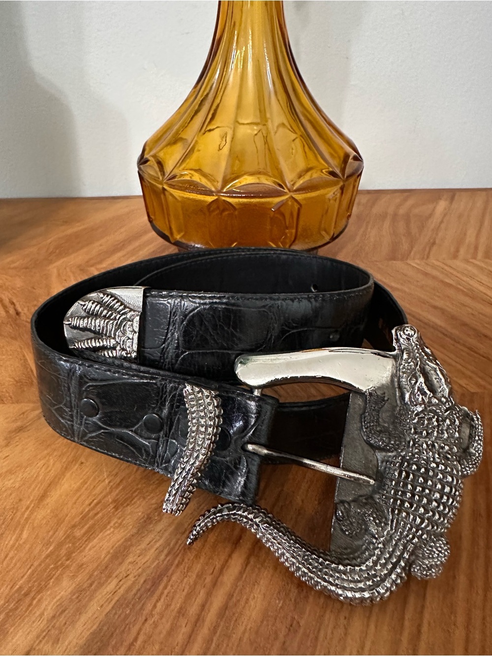 Vintage Hartnell Black Alligator Grain Calfskin Belt Silver Tone Gator SZ M EUC - Picture 5 of 11